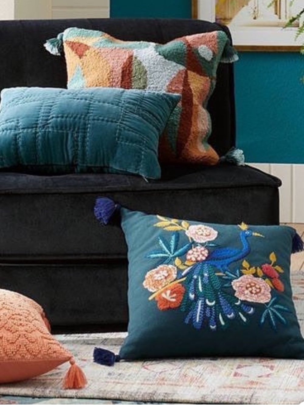 Opalhouse Teal Pillow with Embroidered Peacock and Floral Design . 18” x 18” .